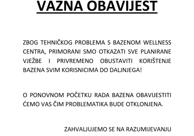 Obavijest o privremenoj nedostupnosti bazena
