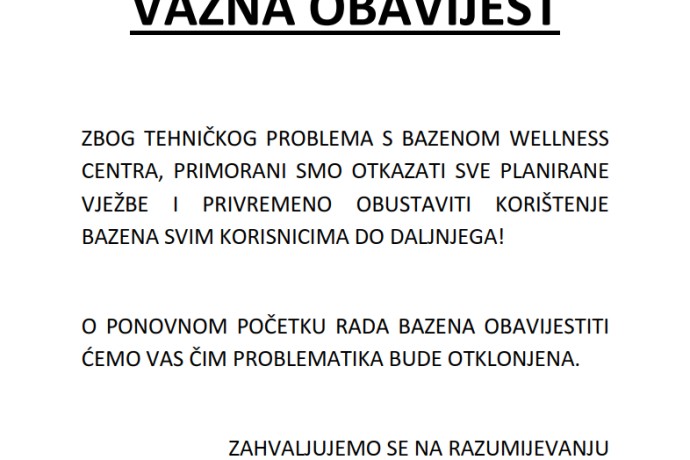 Obavijest o privremenoj nedostupnosti bazena