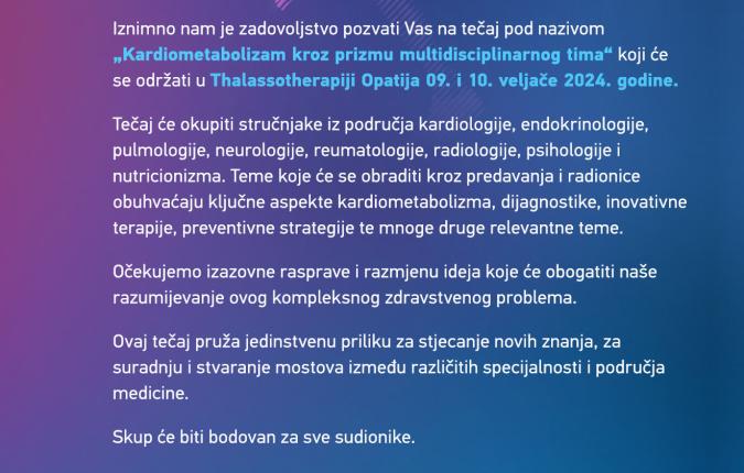 KARDIOMETABOLIZAM kroz prizmu multidisciplinarnog tima OPATIJA, 09. -10.02.2024. (za liječnike)