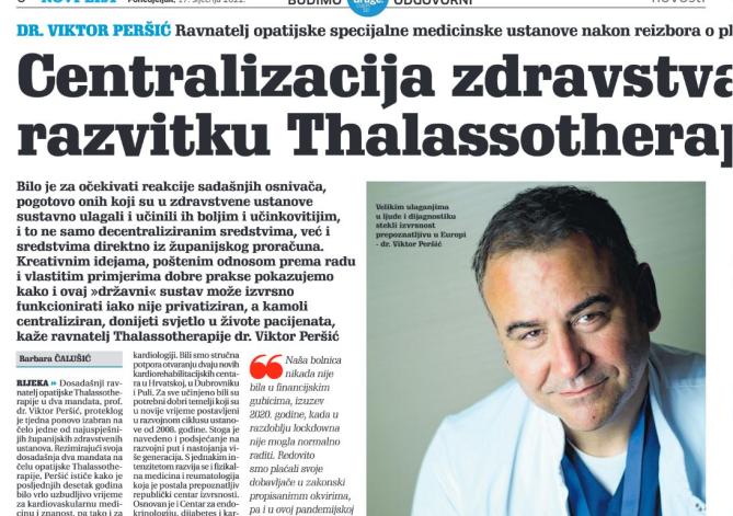 ‘NOVI LIST’ Profesor Viktor Peršić “Centralizacija zdravstva prijetnja je razvitku Thalassotherapije