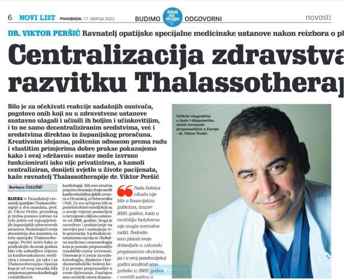 ‘NOVI LIST’ Profesor Viktor Peršić “Centralizacija zdravstva prijetnja je razvitku Thalassotherapije