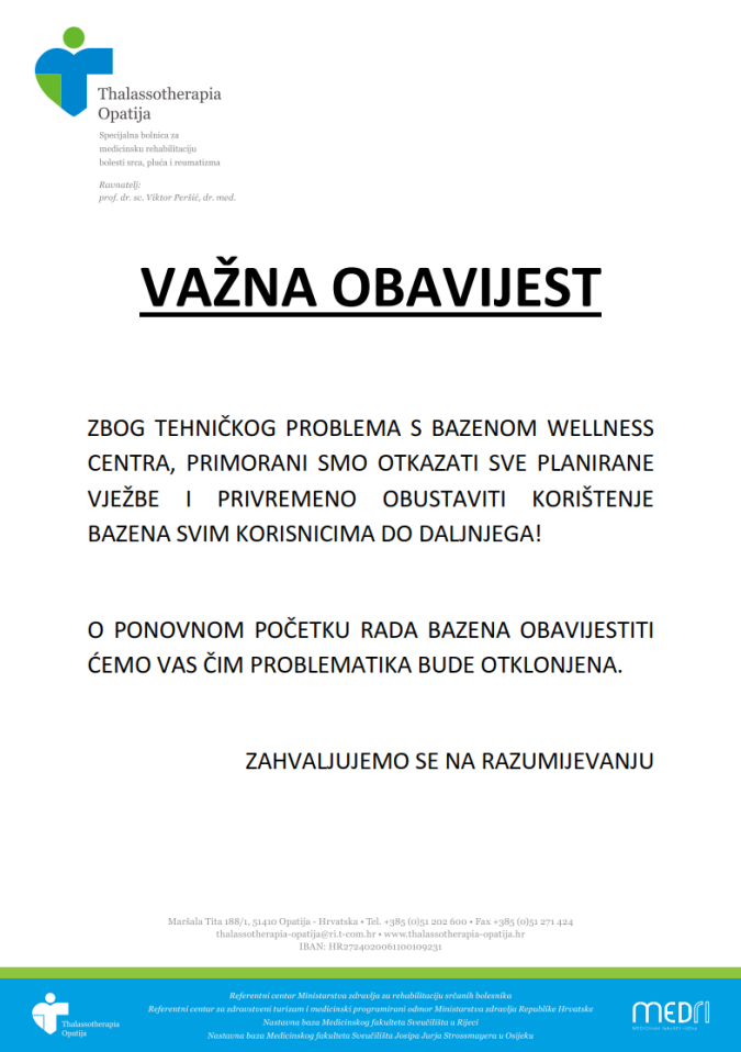 Obavijest o privremenoj nedostupnosti bazena