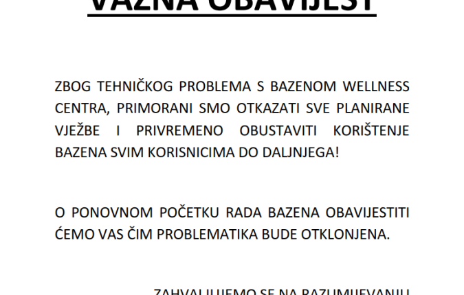 Obavijest o privremenoj nedostupnosti bazena