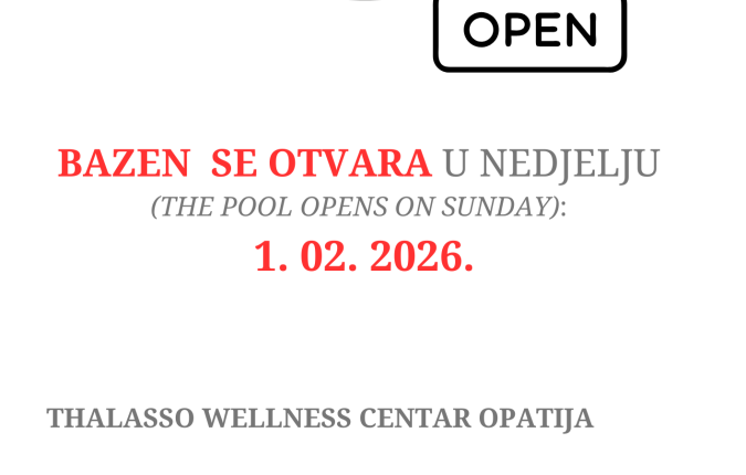 Wellness bazen se otvara u nedjelju, 01. veljače 2026.